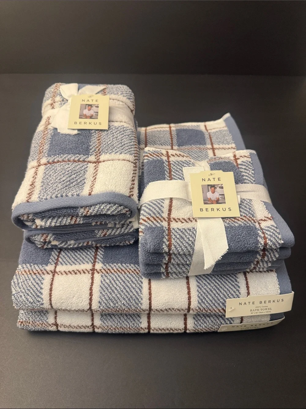 8pc NATE BERKUS 100% Cotton Plaid Bath Towel Set - Made in India